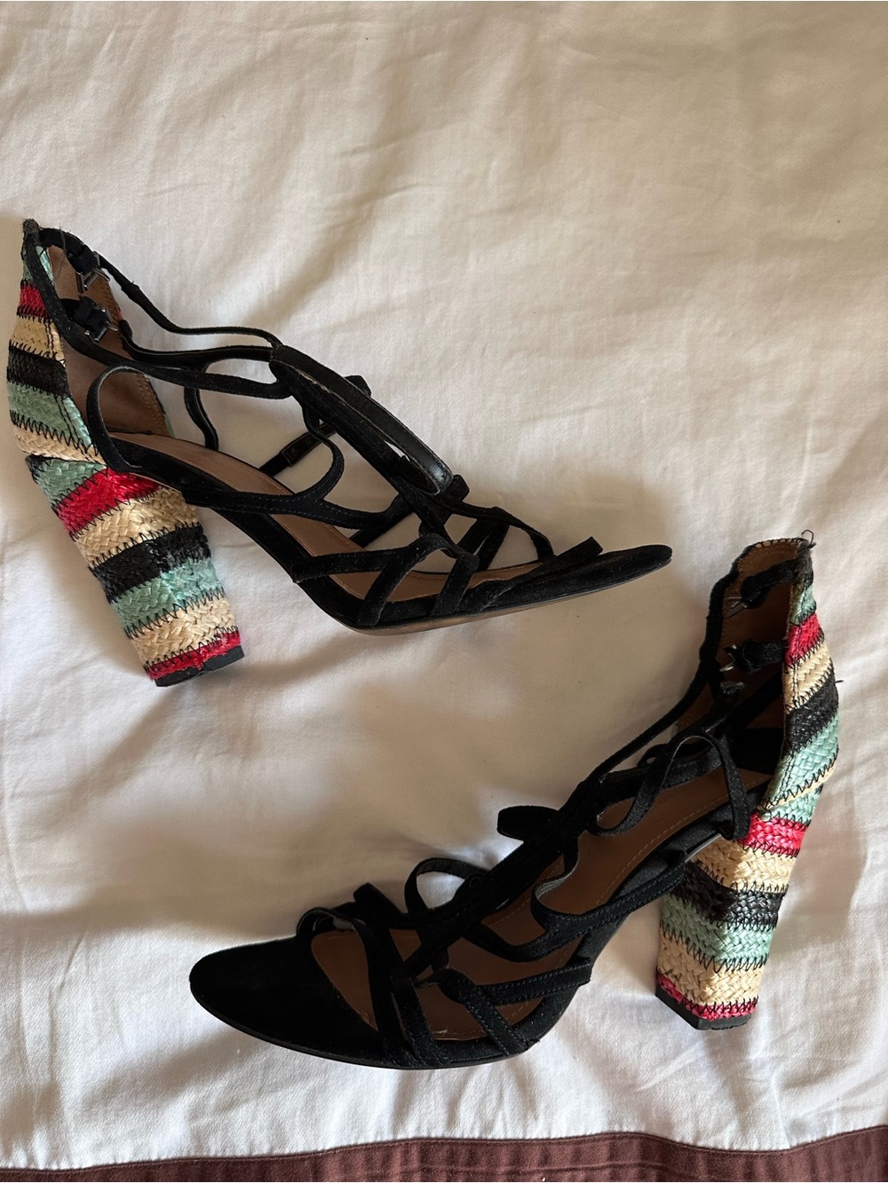 US9 stradivarius Black Strappy Heels with Multicolor Woven Block Heel